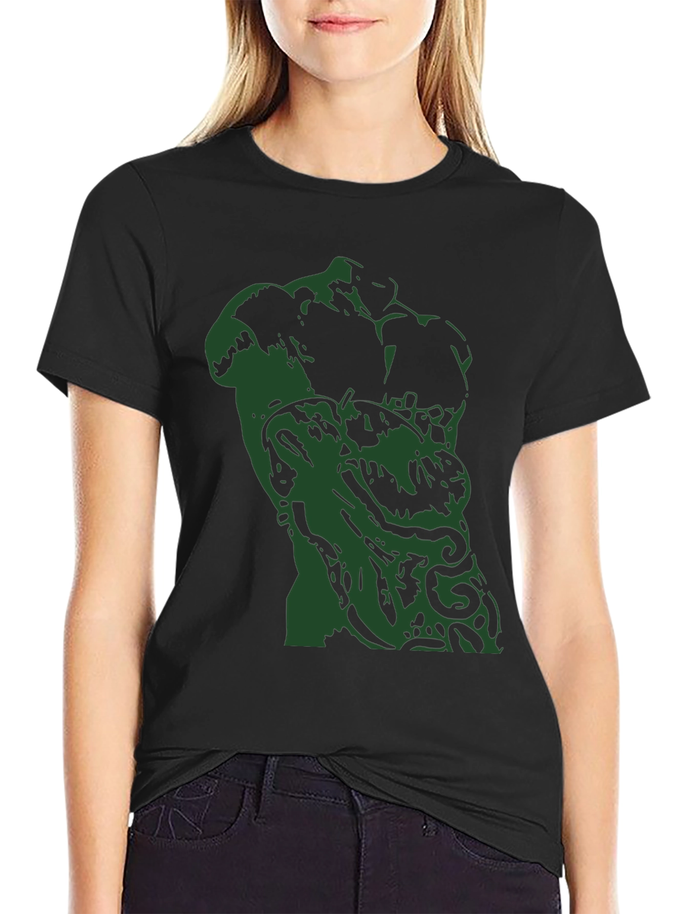 Abstract Green Sculpture Graphic Black T-Shirt