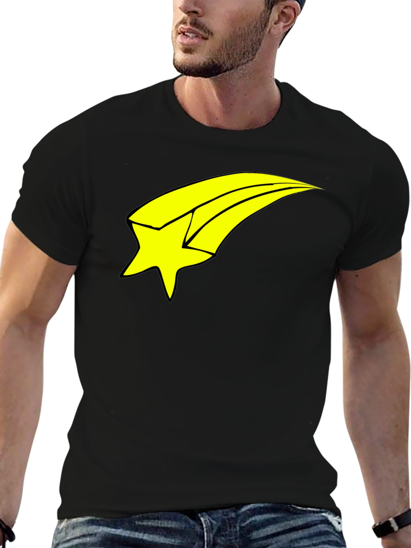 Mens Black T-Shirt with Yellow Shooting Star Graphic