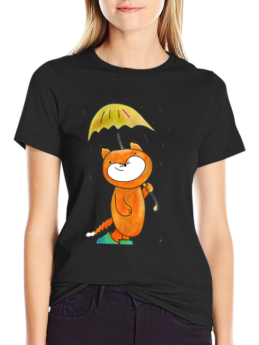Whimsical Cat & Umbrella Graphic T-Shirt