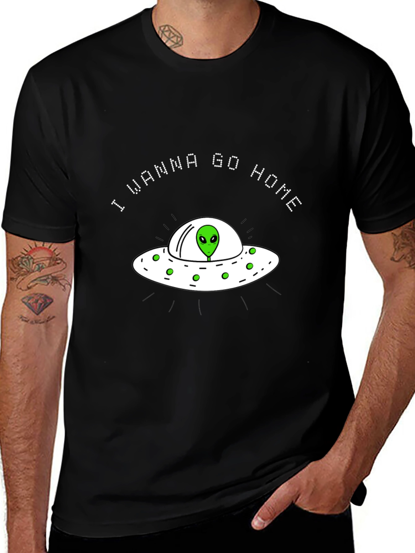 Alien UFO I Wanna Go Home Black T-Shirt