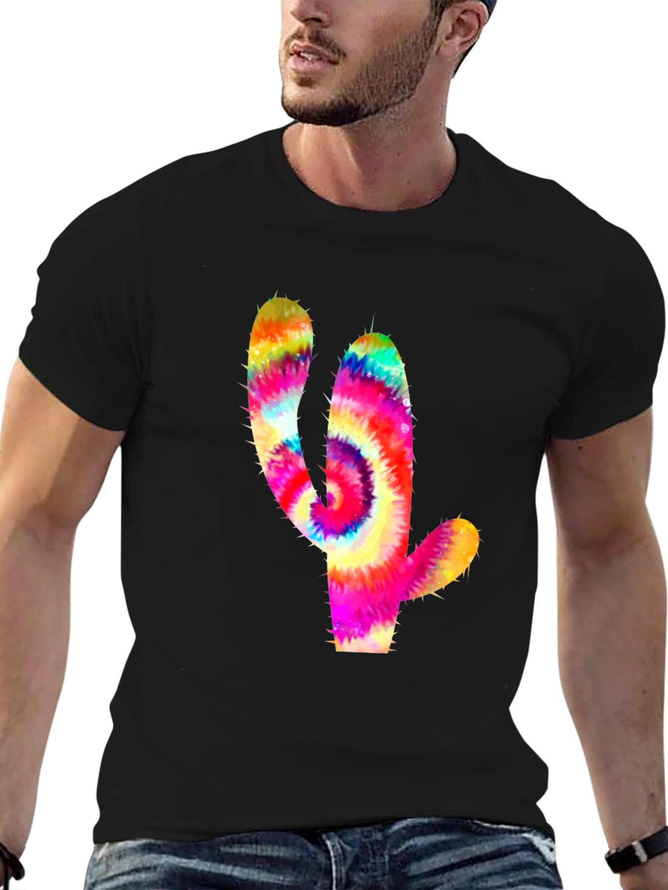 Tie-Dye Cactus Graphic Tee - Mens Black T-Shirt
