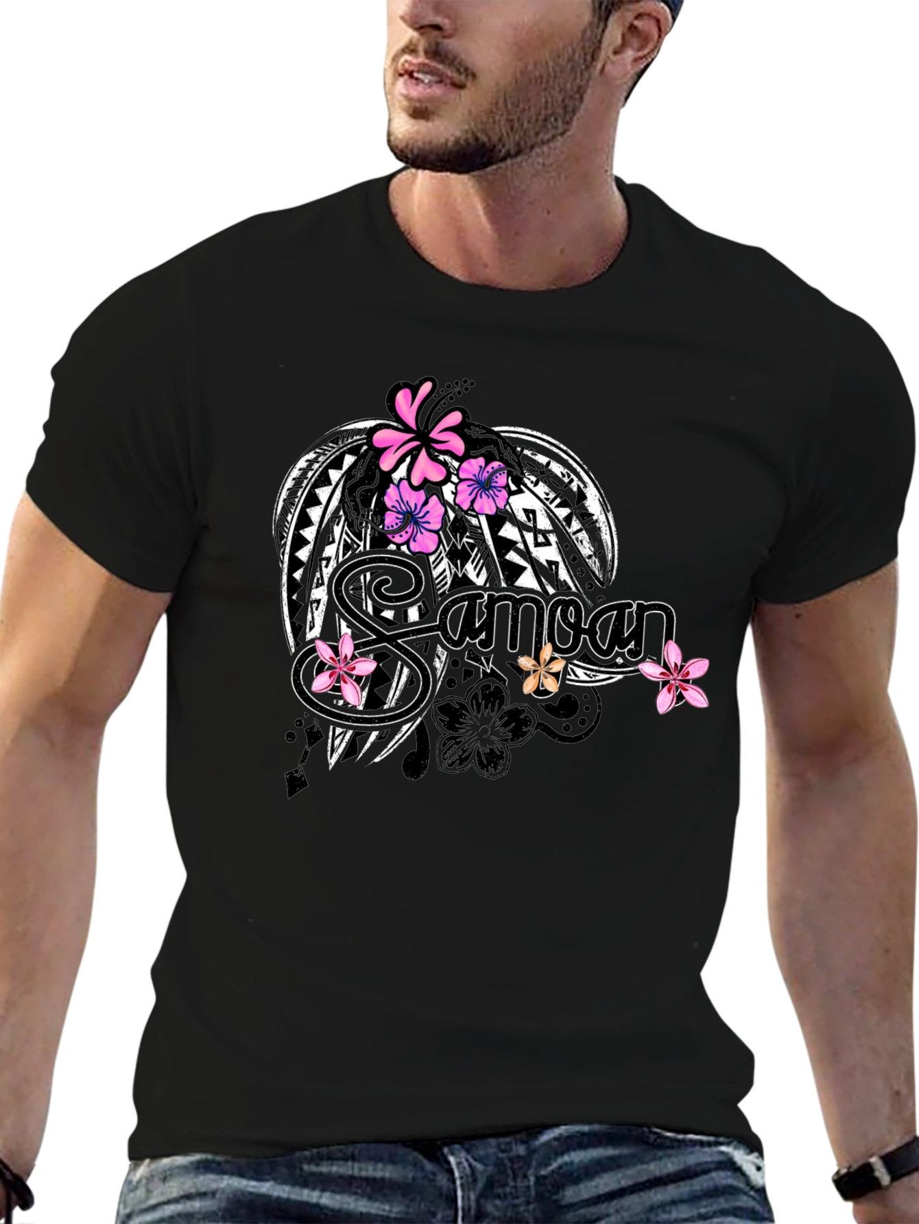 Samoan Tribal Flower Graphic Black T-Shirt