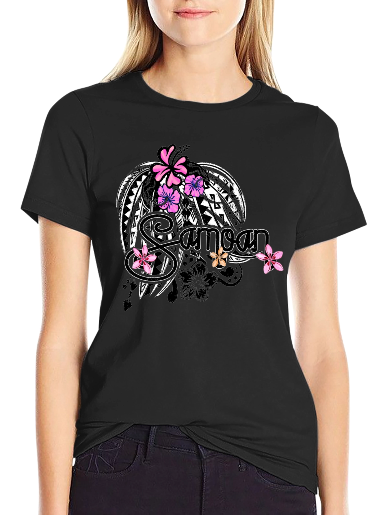 Samoan Tribal Flower Graphic Black T-Shirt