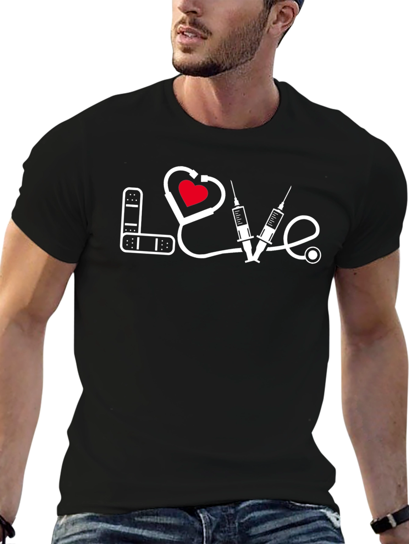 Love Medical T-Shirt - Bandage Heart Stethoscope Syringe