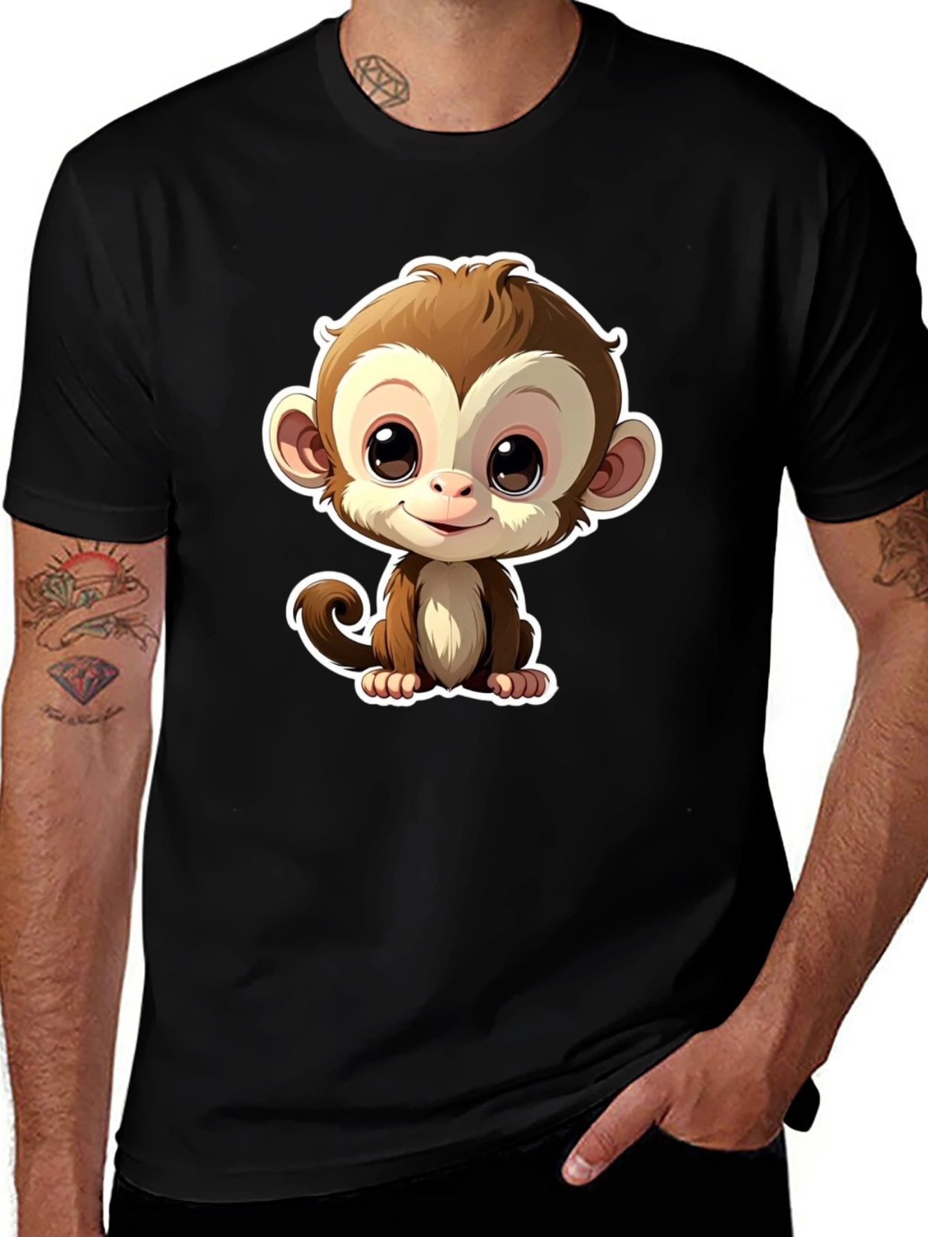 Cute Monkey Graphic Tee - Black Casual T-Shirt
