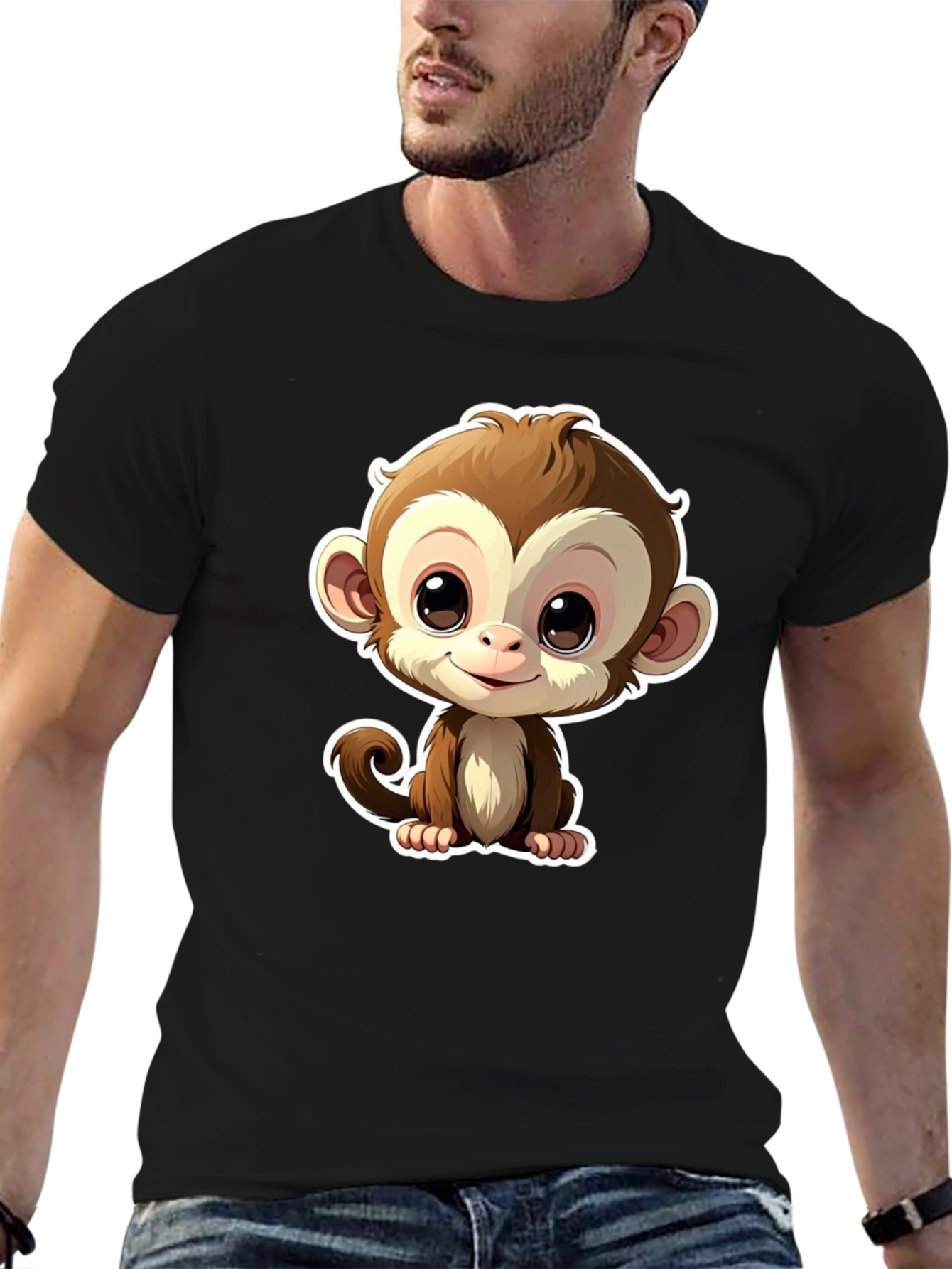 Cute Monkey Graphic Tee - Black Casual T-Shirt