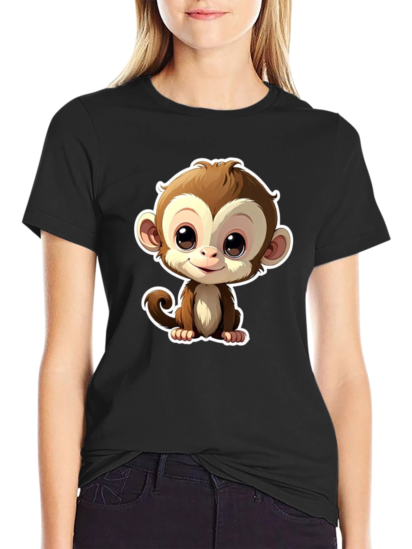 Cute Monkey Graphic Tee - Black Casual T-Shirt