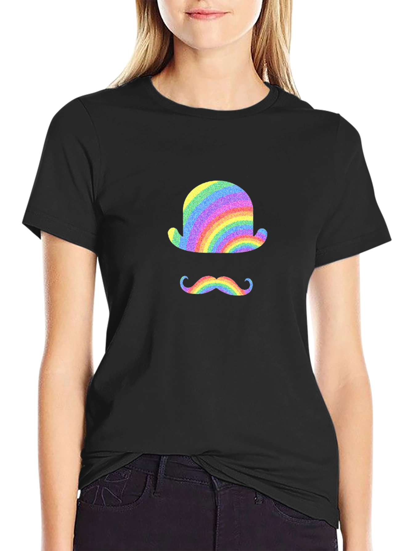 Rainbow Bowler Hat & Moustache Black T-Shirt