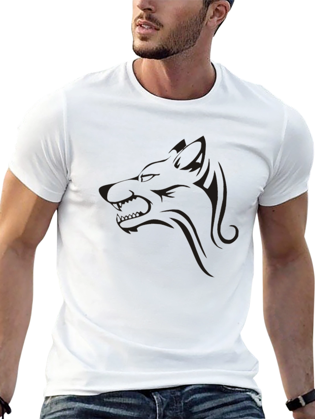 Mens Black Graphic Tee - Wolf Design