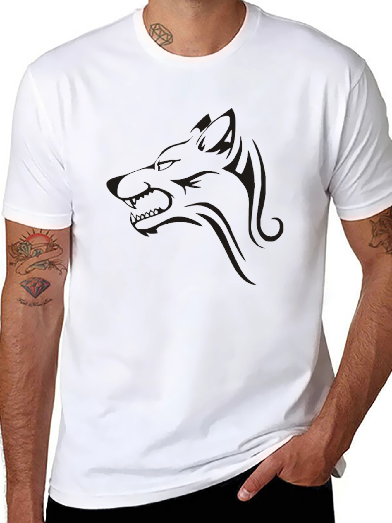 Mens Black Graphic Tee - Wolf Design