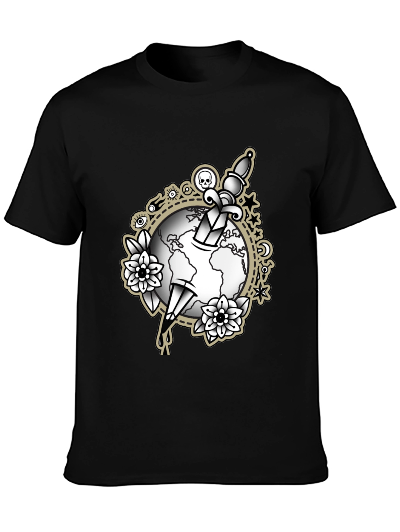 Black Tee with Dagger & Globe Graphic