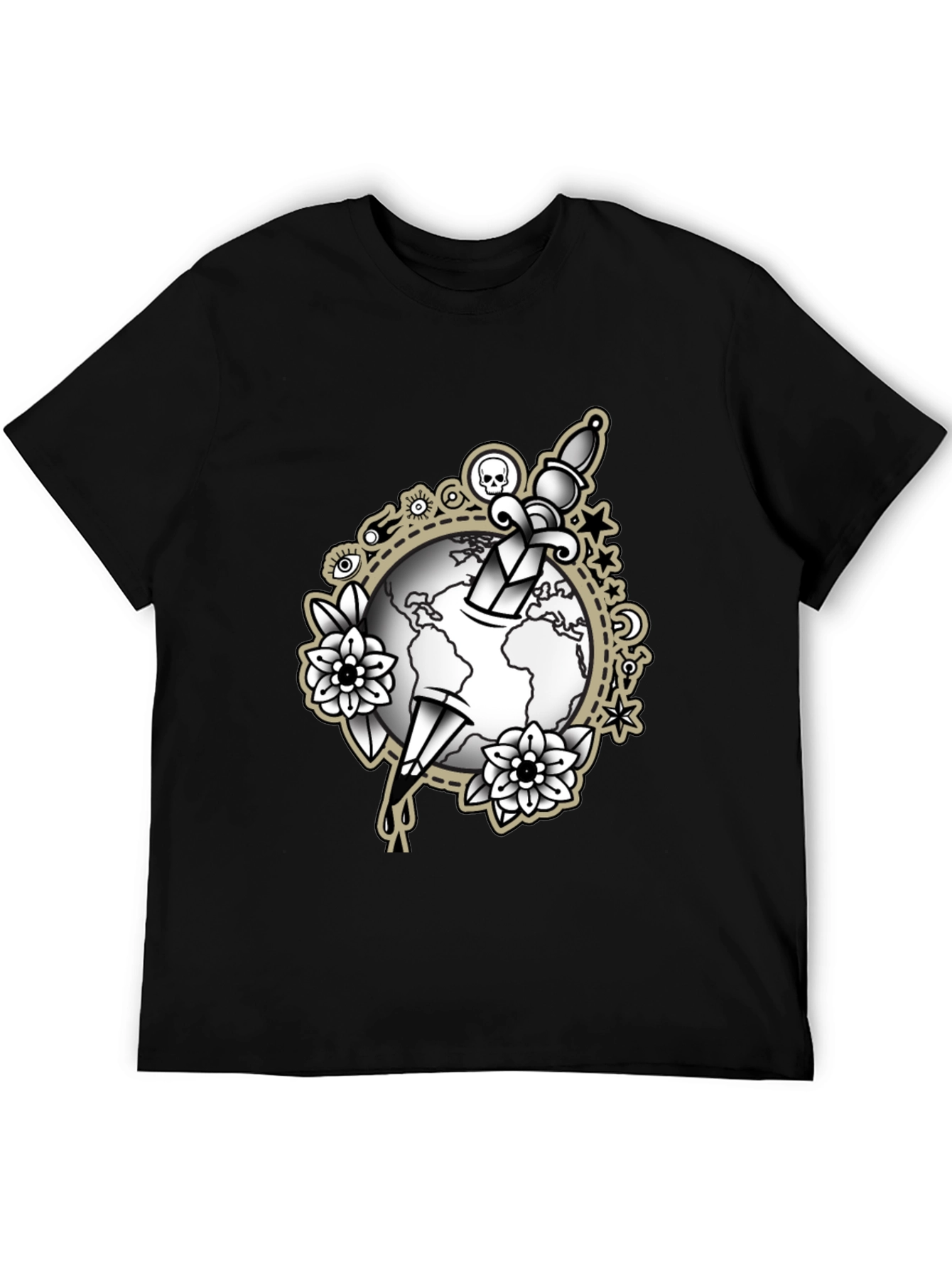 Black Tee with Dagger & Globe Graphic