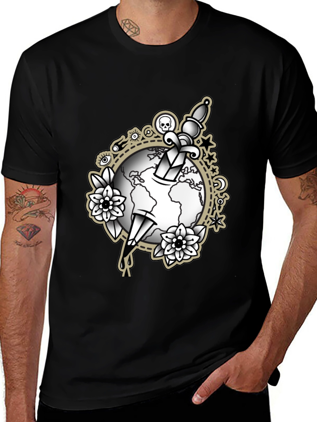 Black Tee with Dagger & Globe Graphic