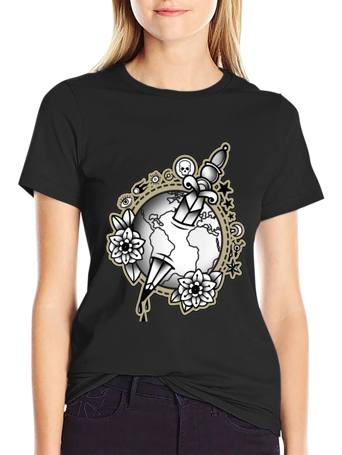 Black Tee with Dagger & Globe Graphic