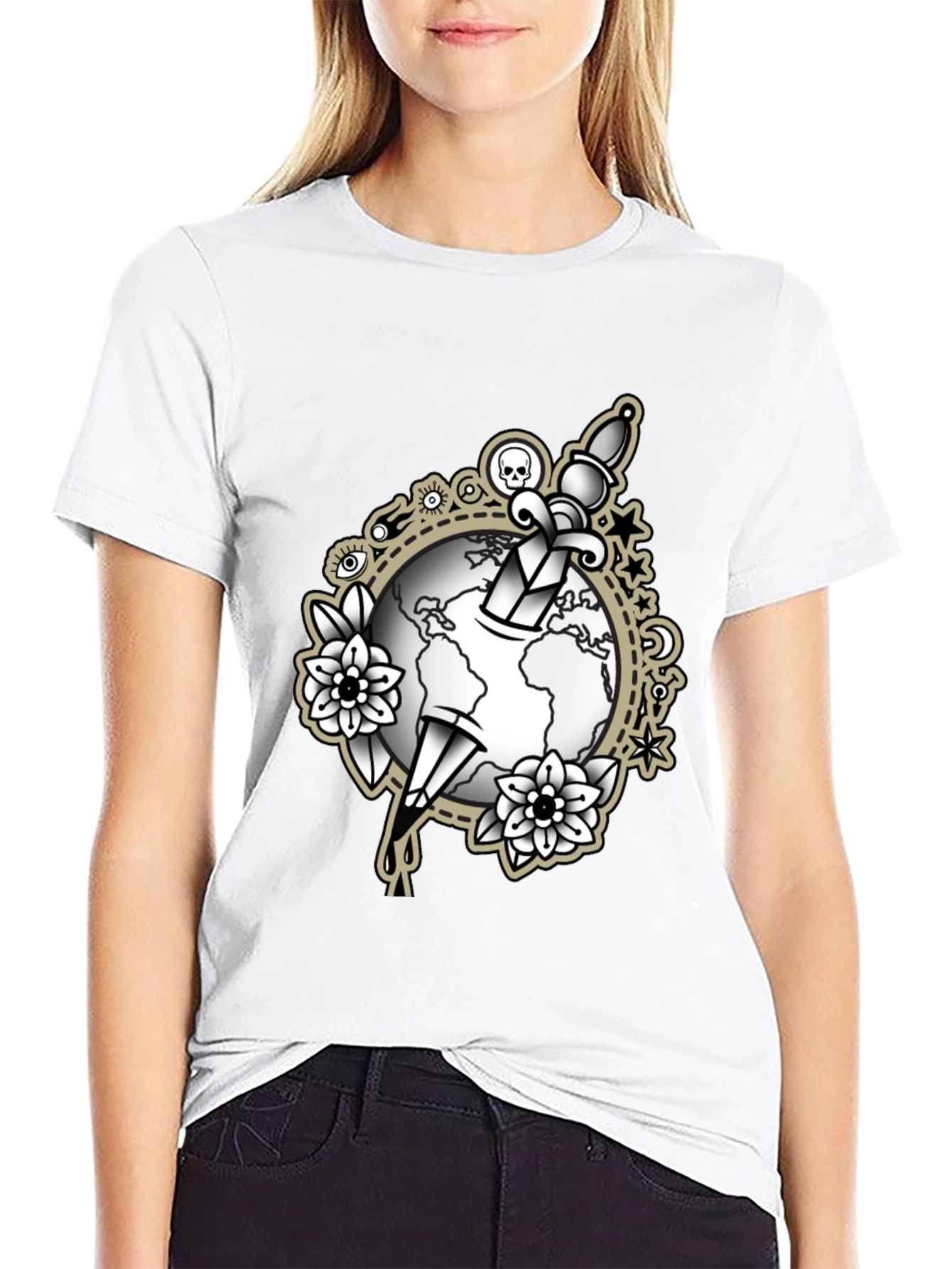 Black Tee with Dagger & Globe Graphic