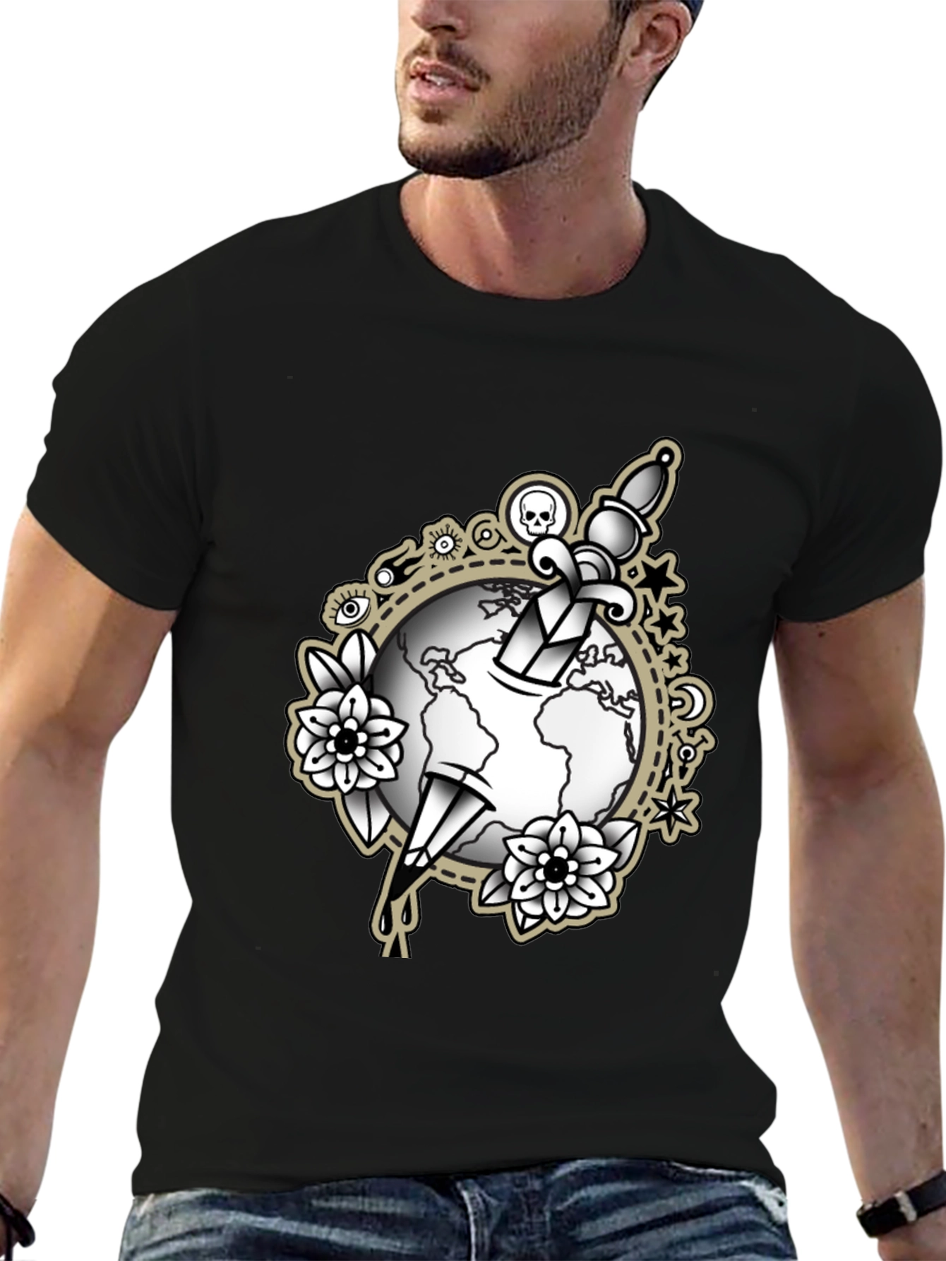 Black Tee with Dagger & Globe Graphic