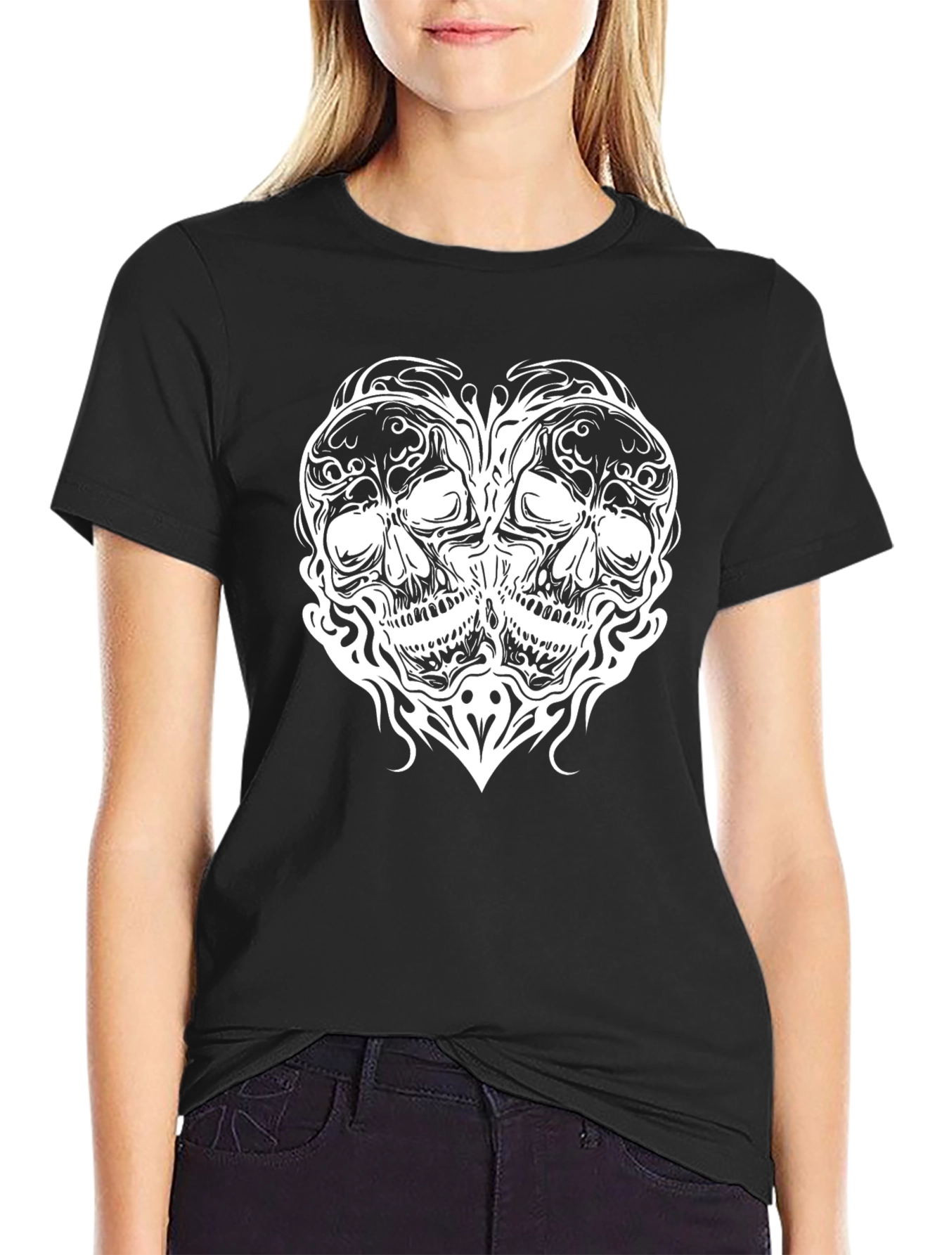 Skull Heart Graphic Tee - Black Cotton