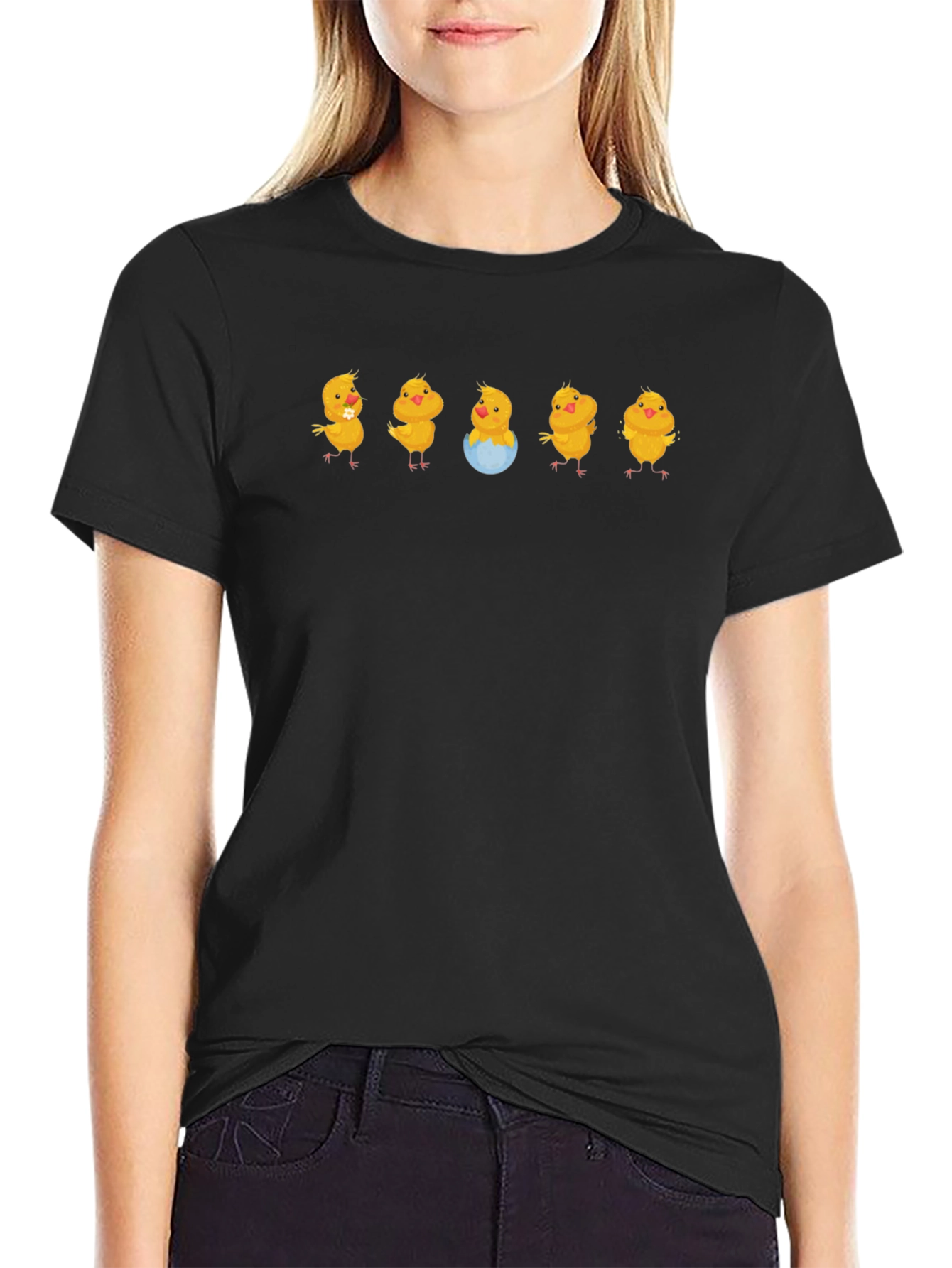 Cute Chick Pattern Black T-Shirt