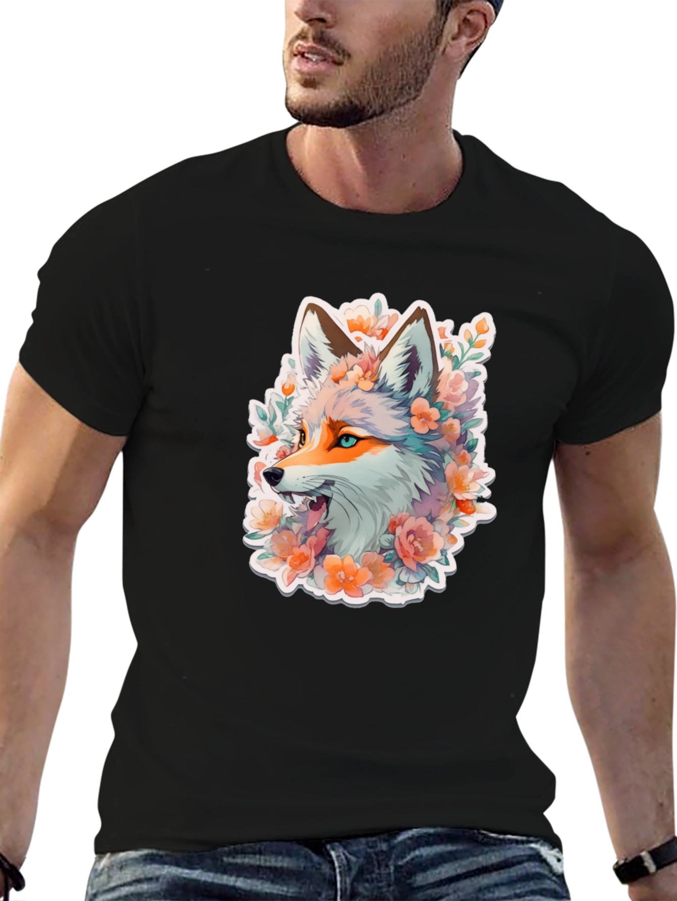 Fox Floral Graphic Black T-Shirt