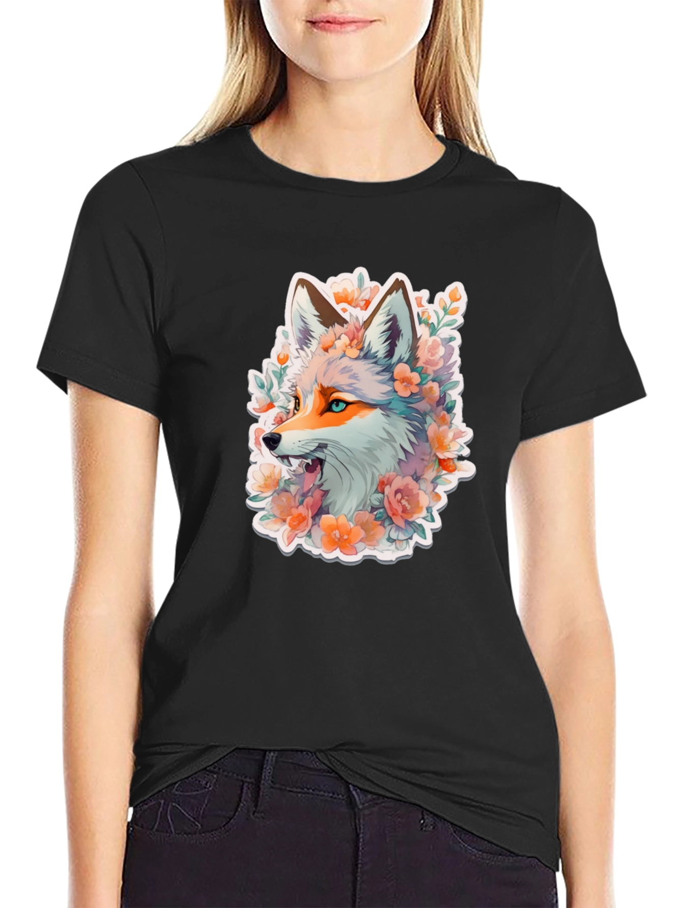 Fox Floral Graphic Black T-Shirt
