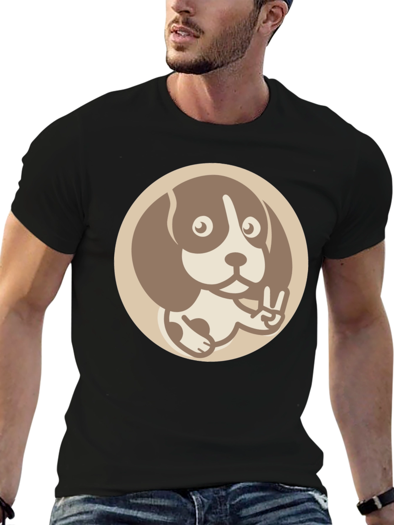 Dog Peace Sign Graphic Tee - Casual Black T-Shirt