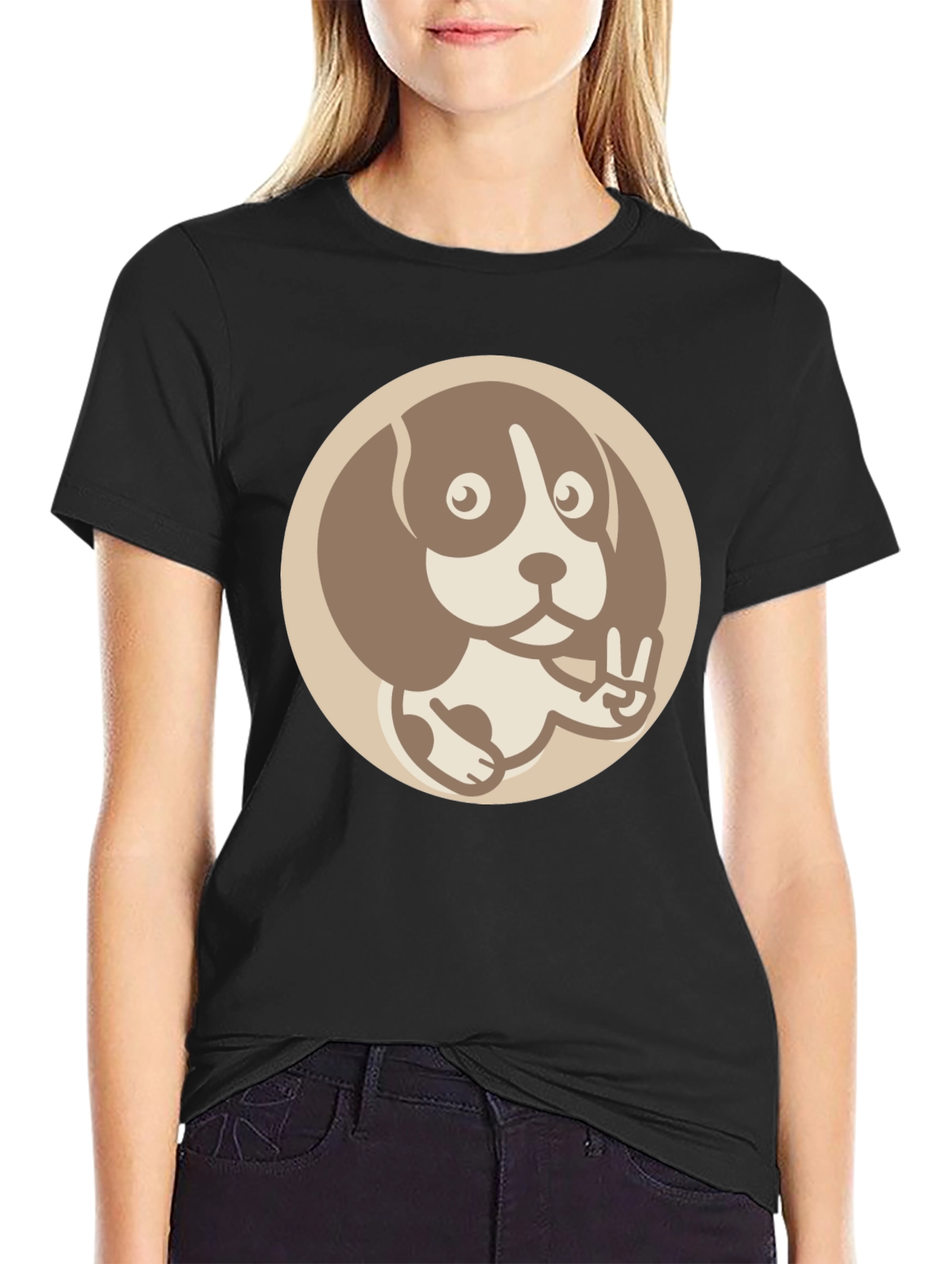 Dog Peace Sign Graphic Tee - Casual Black T-Shirt