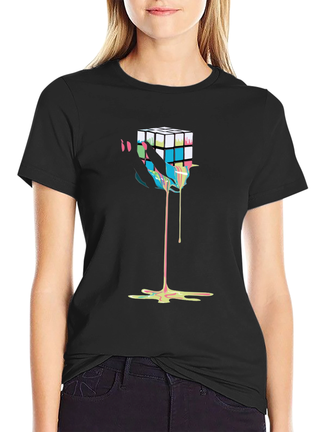 Rubiks Cube Drip Graphic Tee - Modern Art T-Shirt