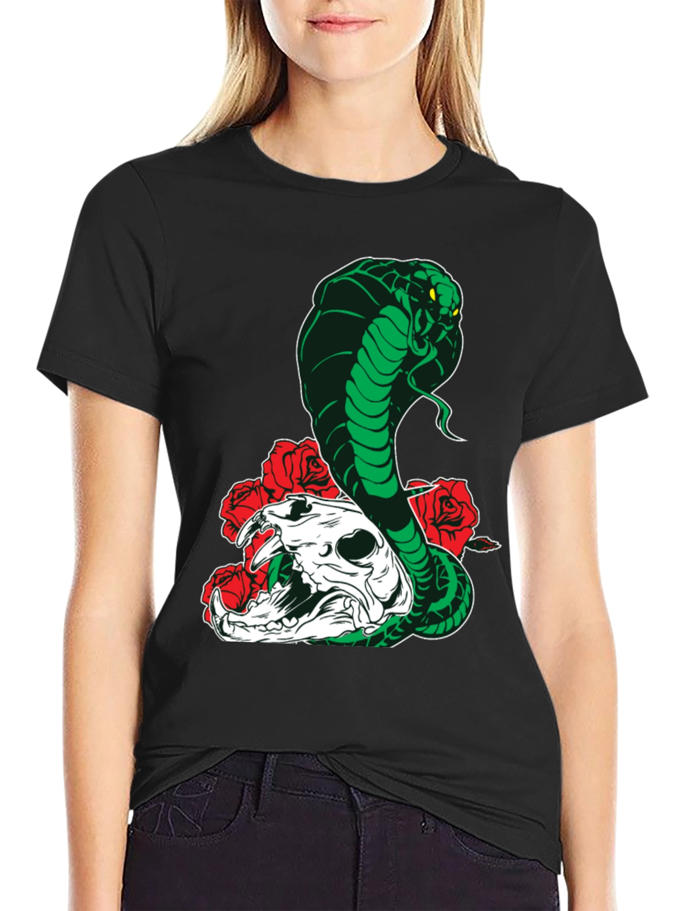 Cobra Skull Roses T-Shirt - Mens Black Graphic Tee