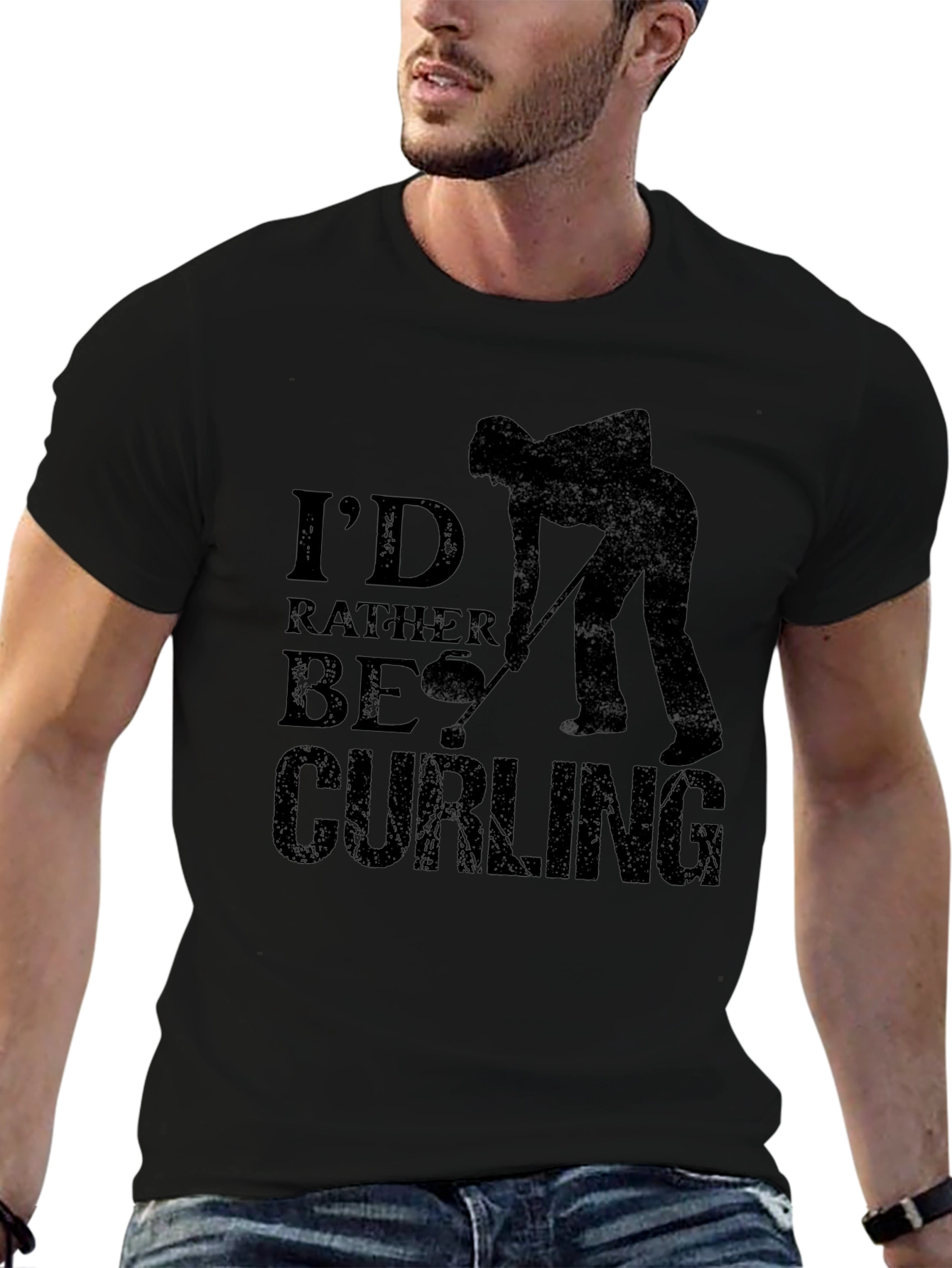 Curling Fan Black T-Shirt: Id Rather Be Curling Tee