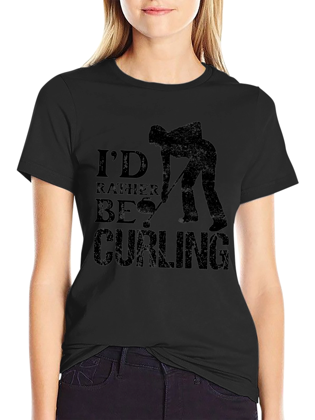 Curling Fan Black T-Shirt: Id Rather Be Curling Tee