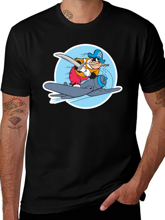 Cartoon Pirate Plane Black T-Shirt