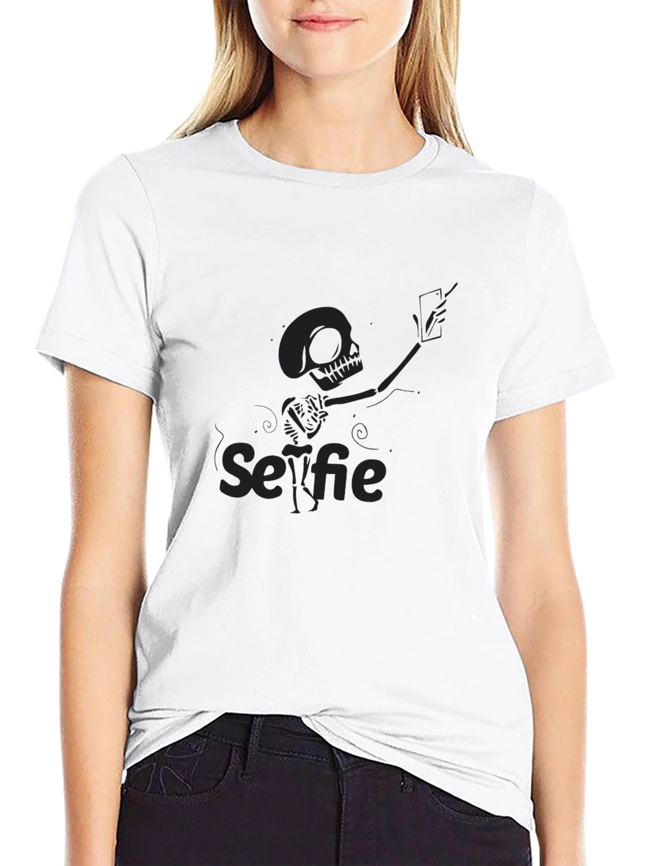 Skeleton Selfie T-Shirt - Black Crew Neck