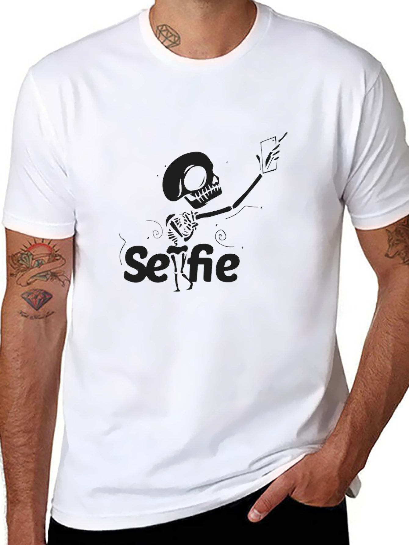 Skeleton Selfie T-Shirt - Black Crew Neck