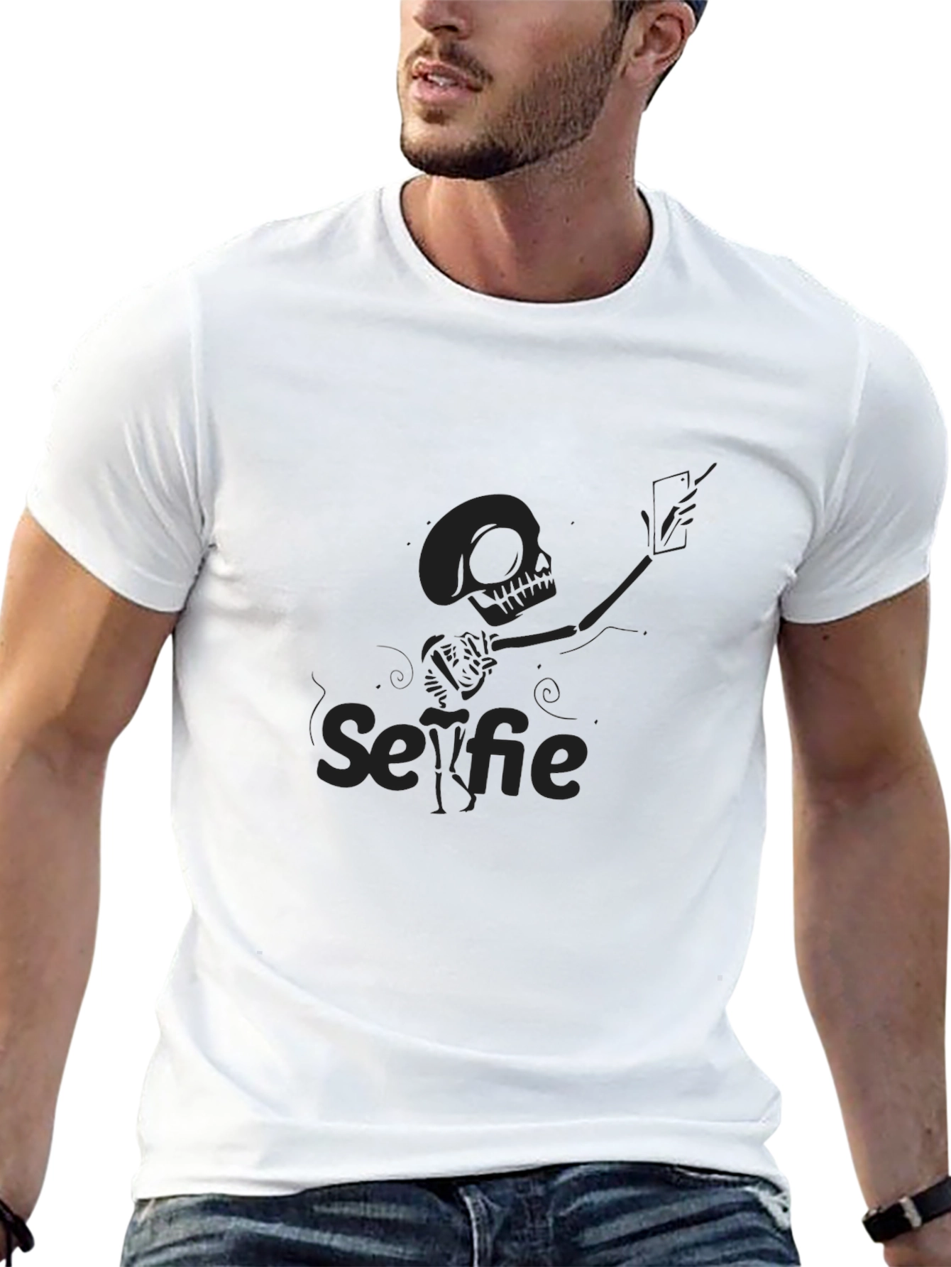 Skeleton Selfie T-Shirt - Black Crew Neck