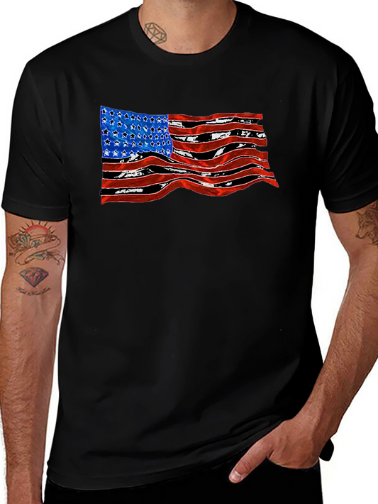 American Flag Wavy Graphic Black T-Shirt