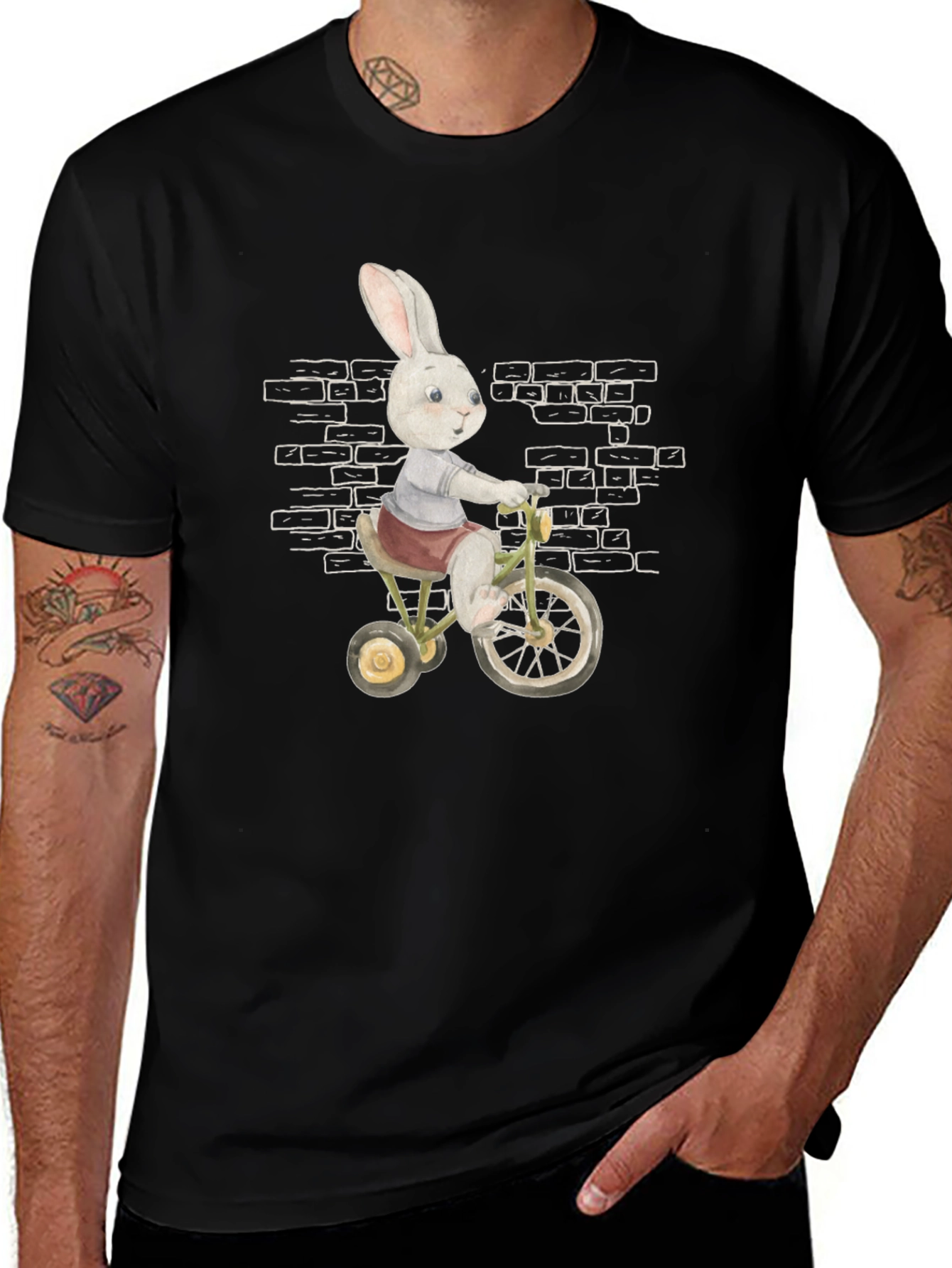 Whimsical Rabbit on Bike Mens Graphic Tee