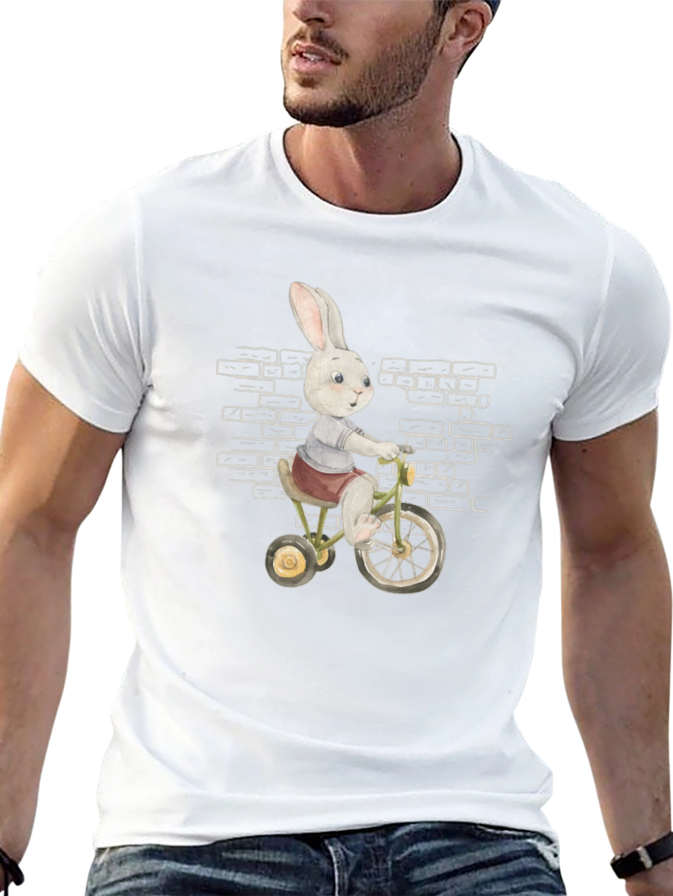 Whimsical Rabbit on Bike Mens Graphic Tee