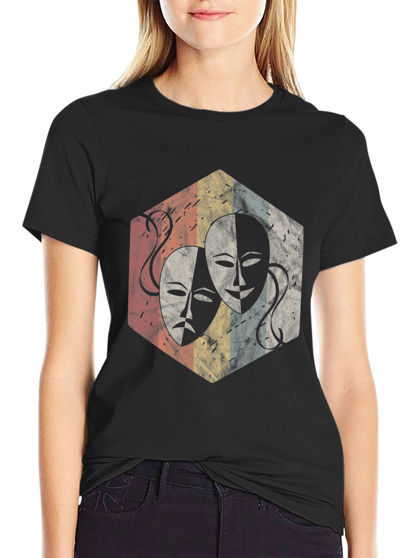Drama Mask Graphic Tee - Retro Theater Lover Shirt