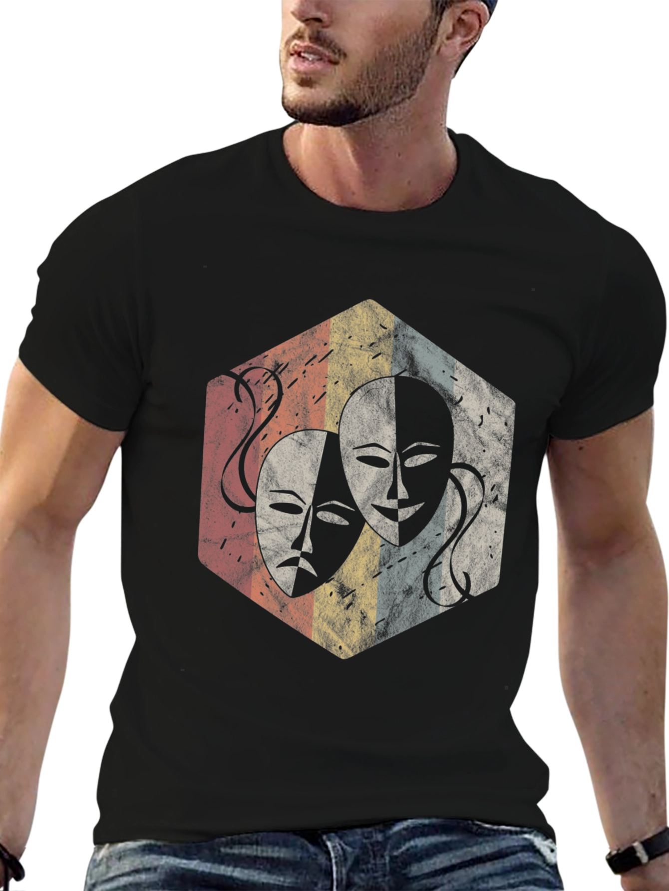 Drama Mask Graphic Tee - Retro Theater Lover Shirt
