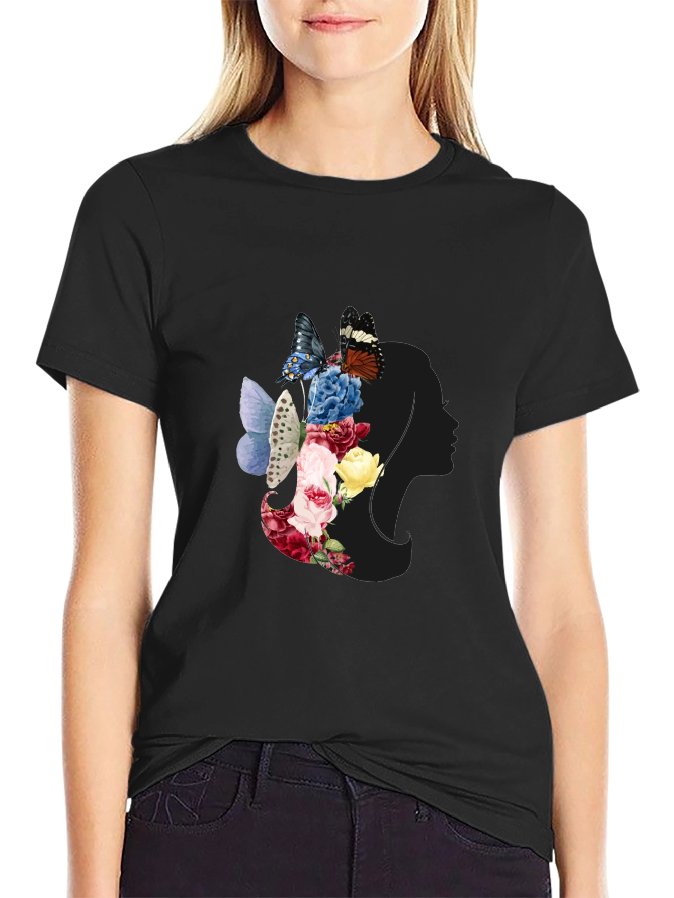 Floral Butterfly Woman Silhouette Graphic Tee