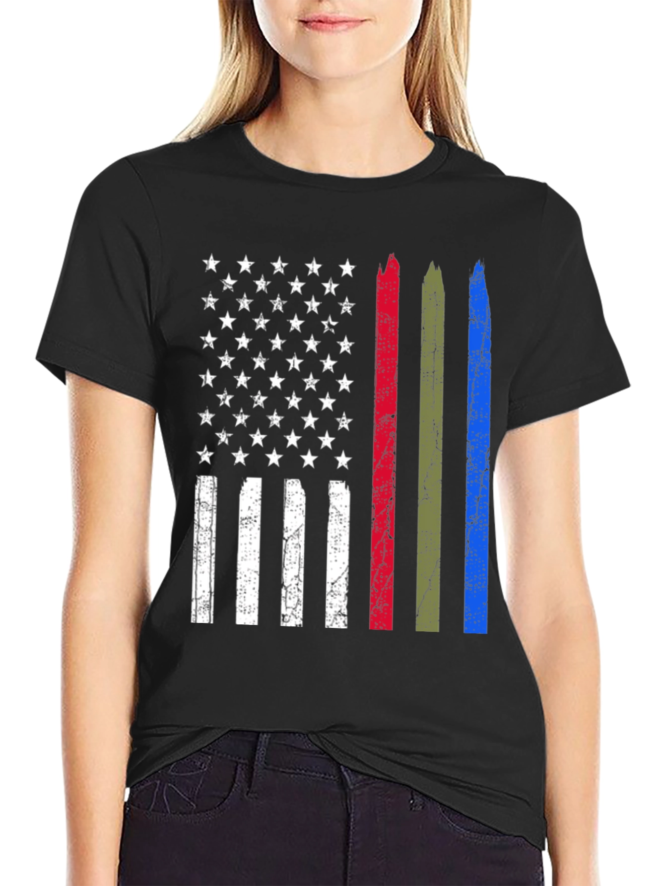 Distressed American Flag Thin Line Support T-Shirt