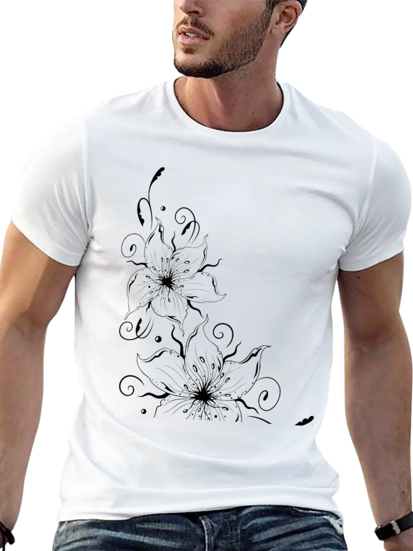 Black Floral Graphic Tee - Stylish Mens T-Shirt