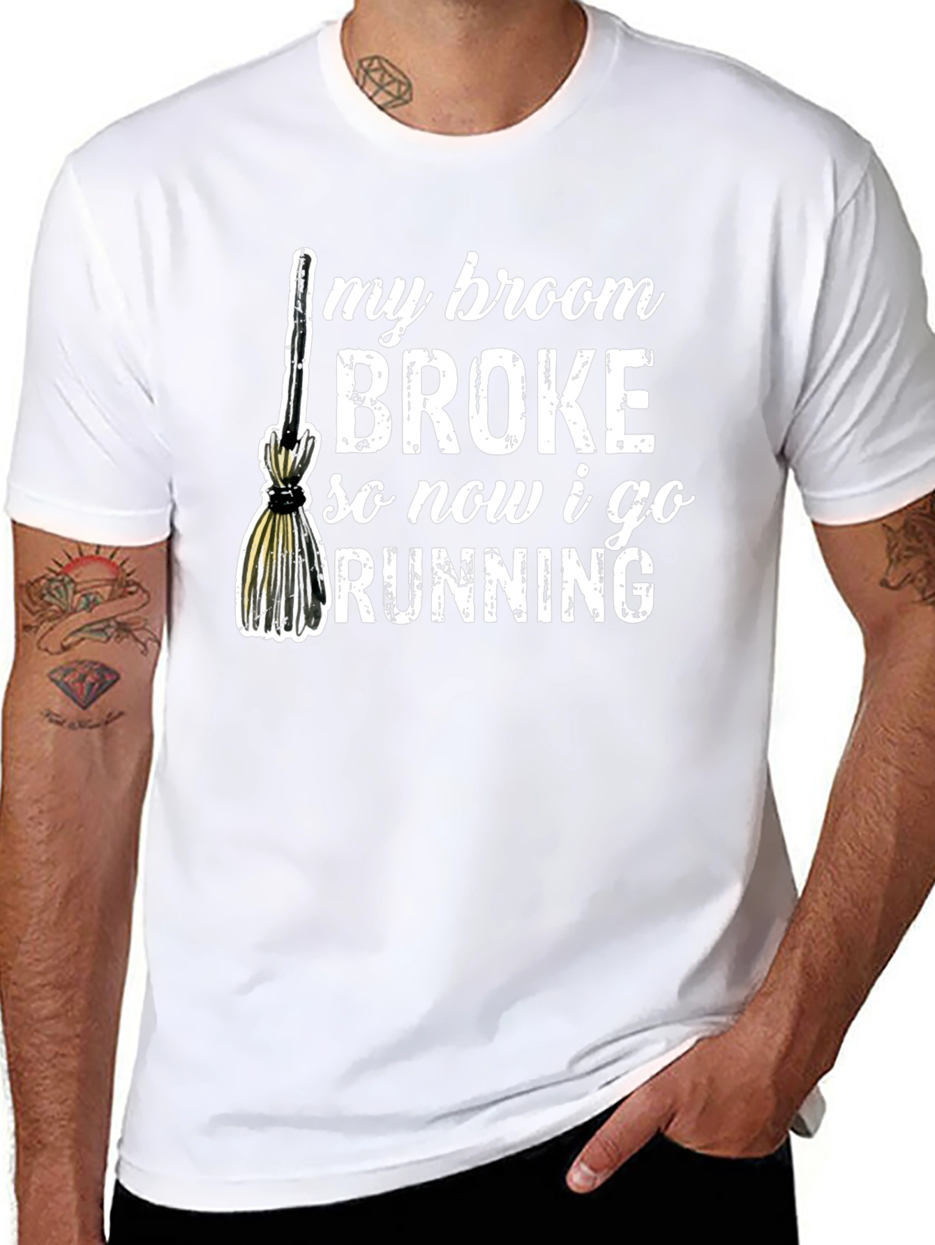 Broom Broke Running T-Shirt - Funny Halloween Tee