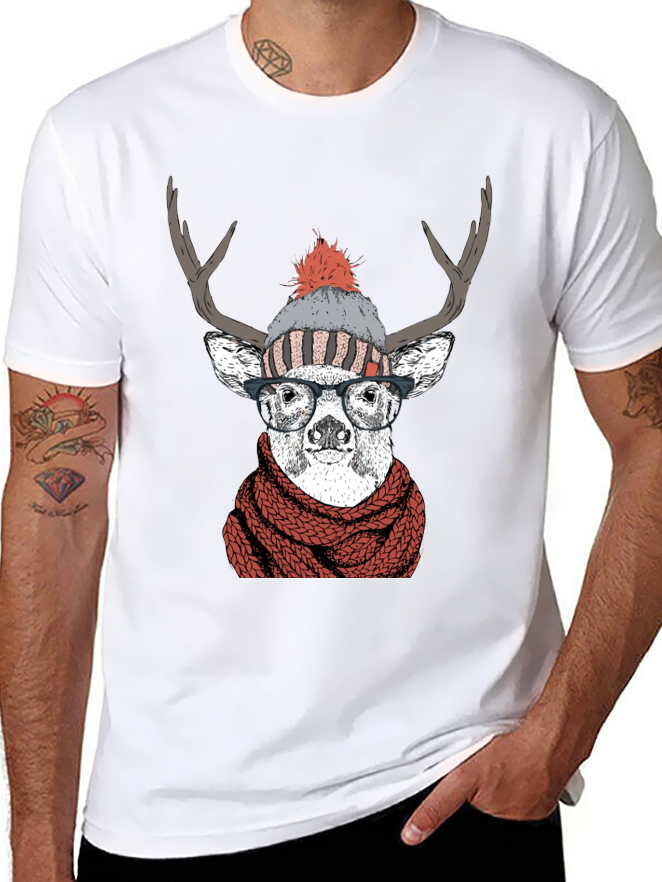 Hipster Deer Graphic Tee - Antler Scarf & Glasses