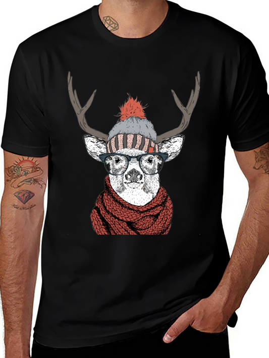 Hipster Deer Graphic Tee - Antler Scarf & Glasses