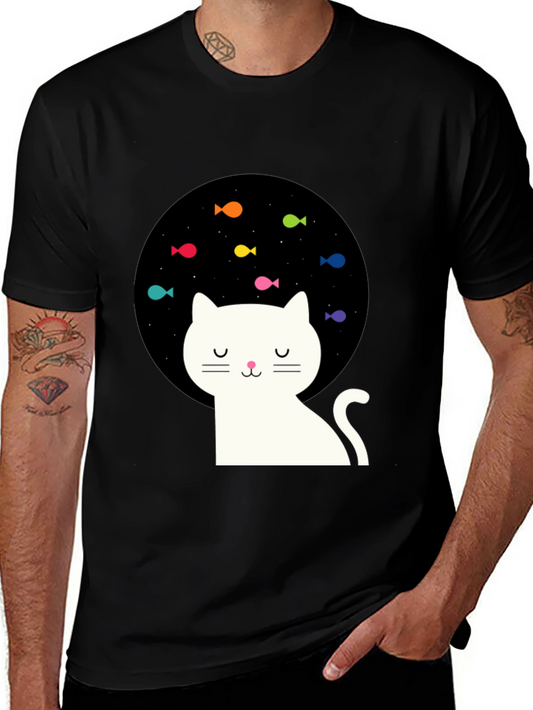 Dreamy Cat Black T-Shirt with Fish Design