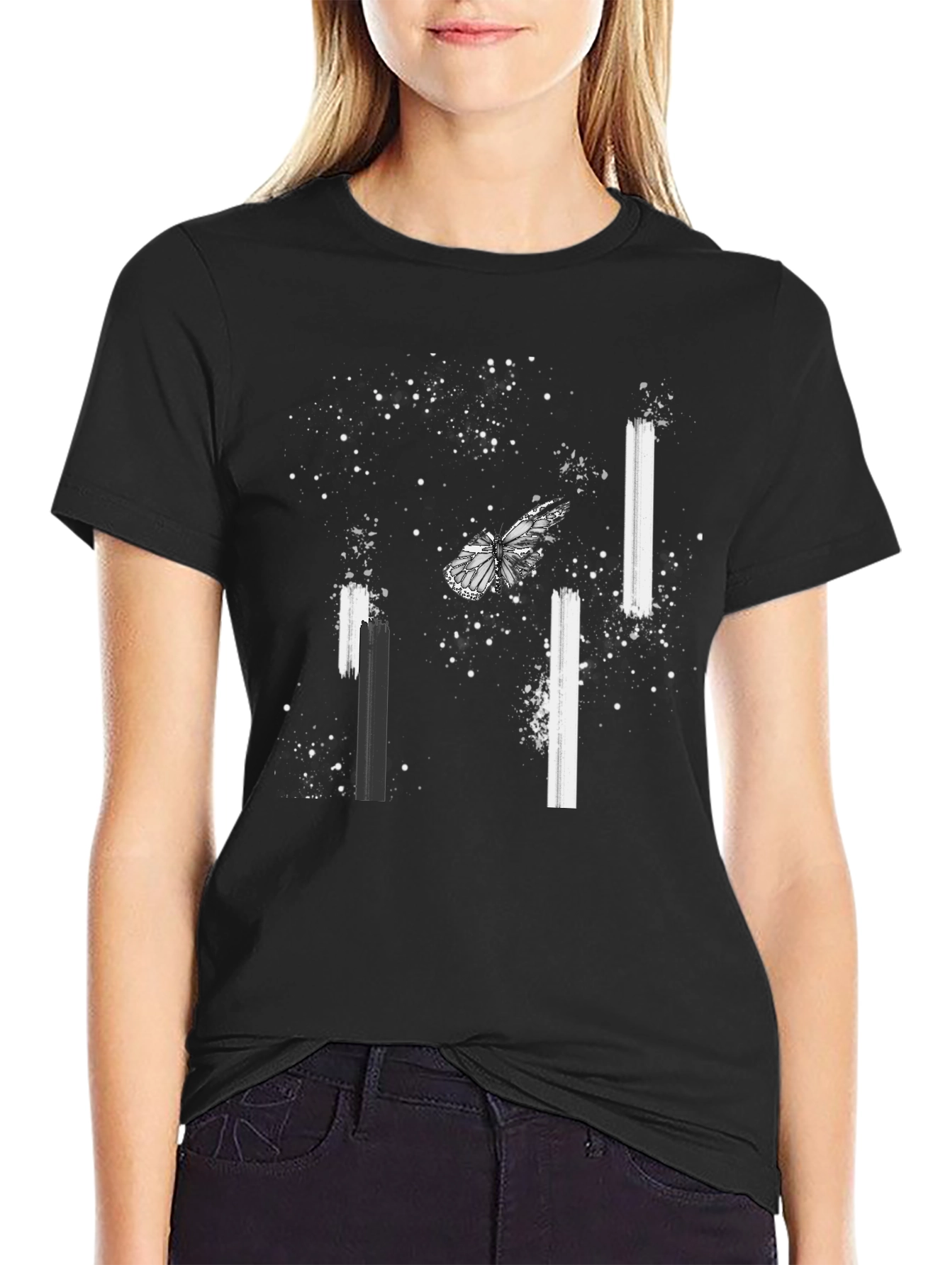Butterfly Splatter Print Black Tee