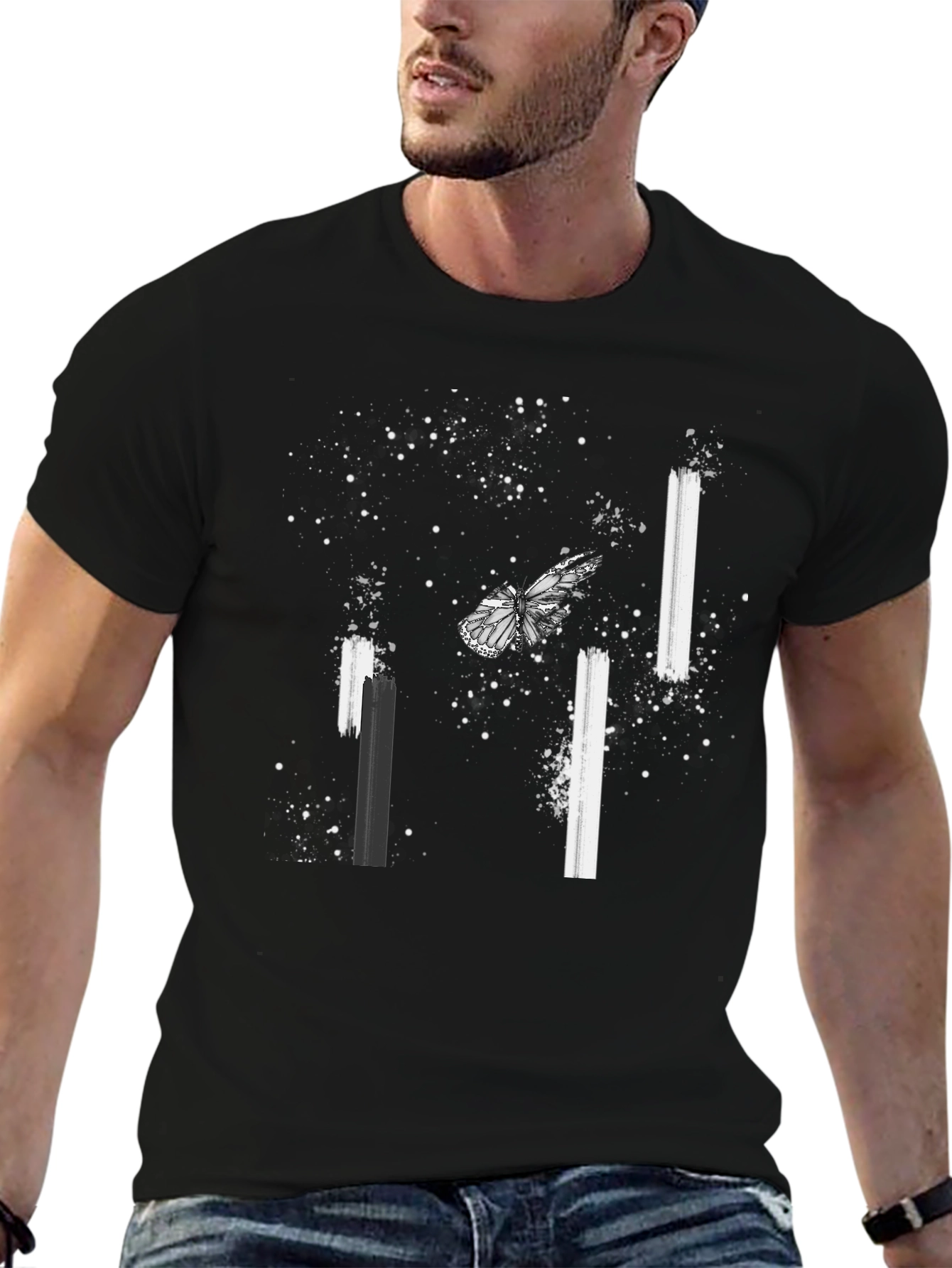 Butterfly Splatter Print Black Tee