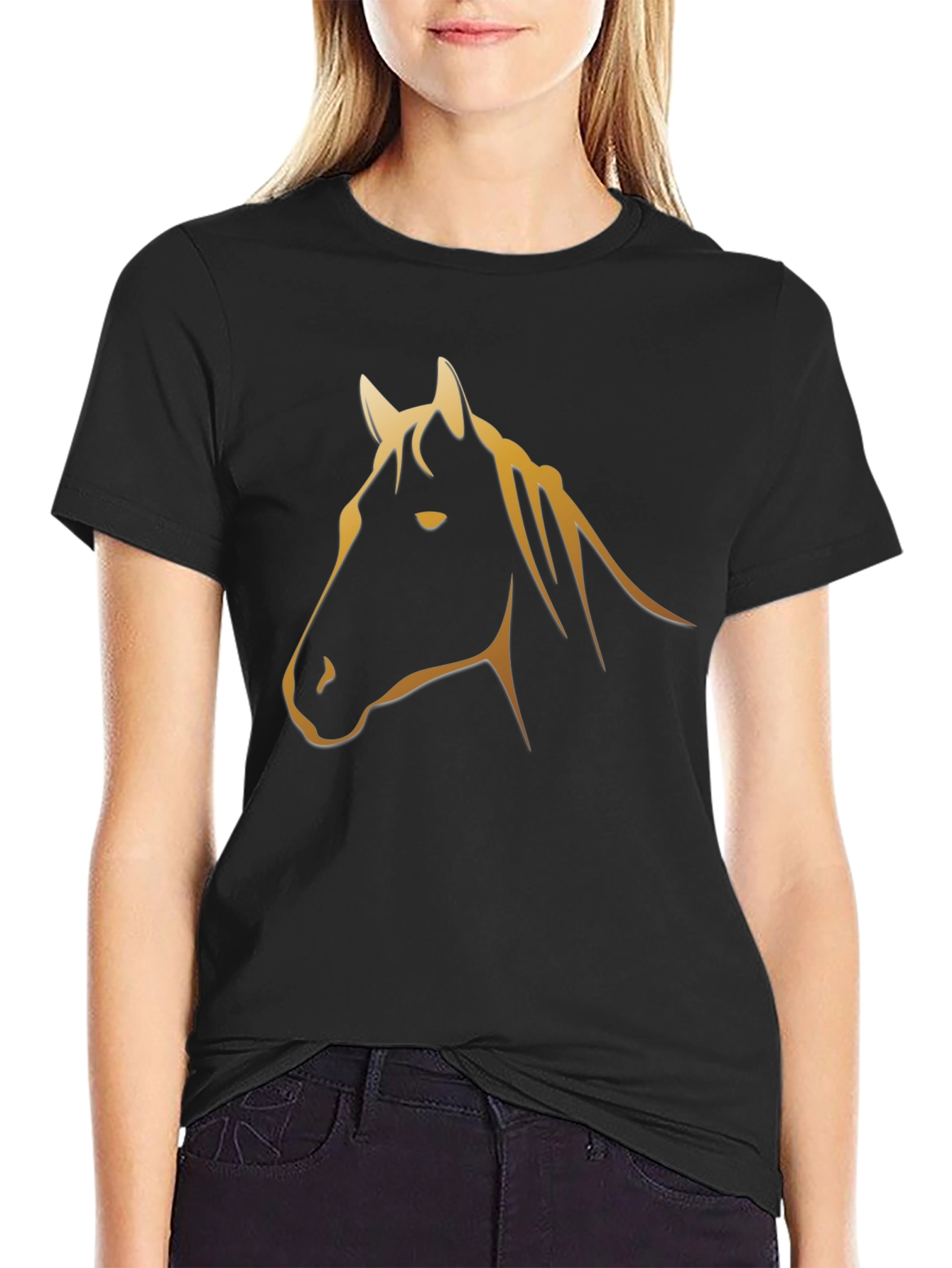 Black T-Shirt with Golden Horse Graphic