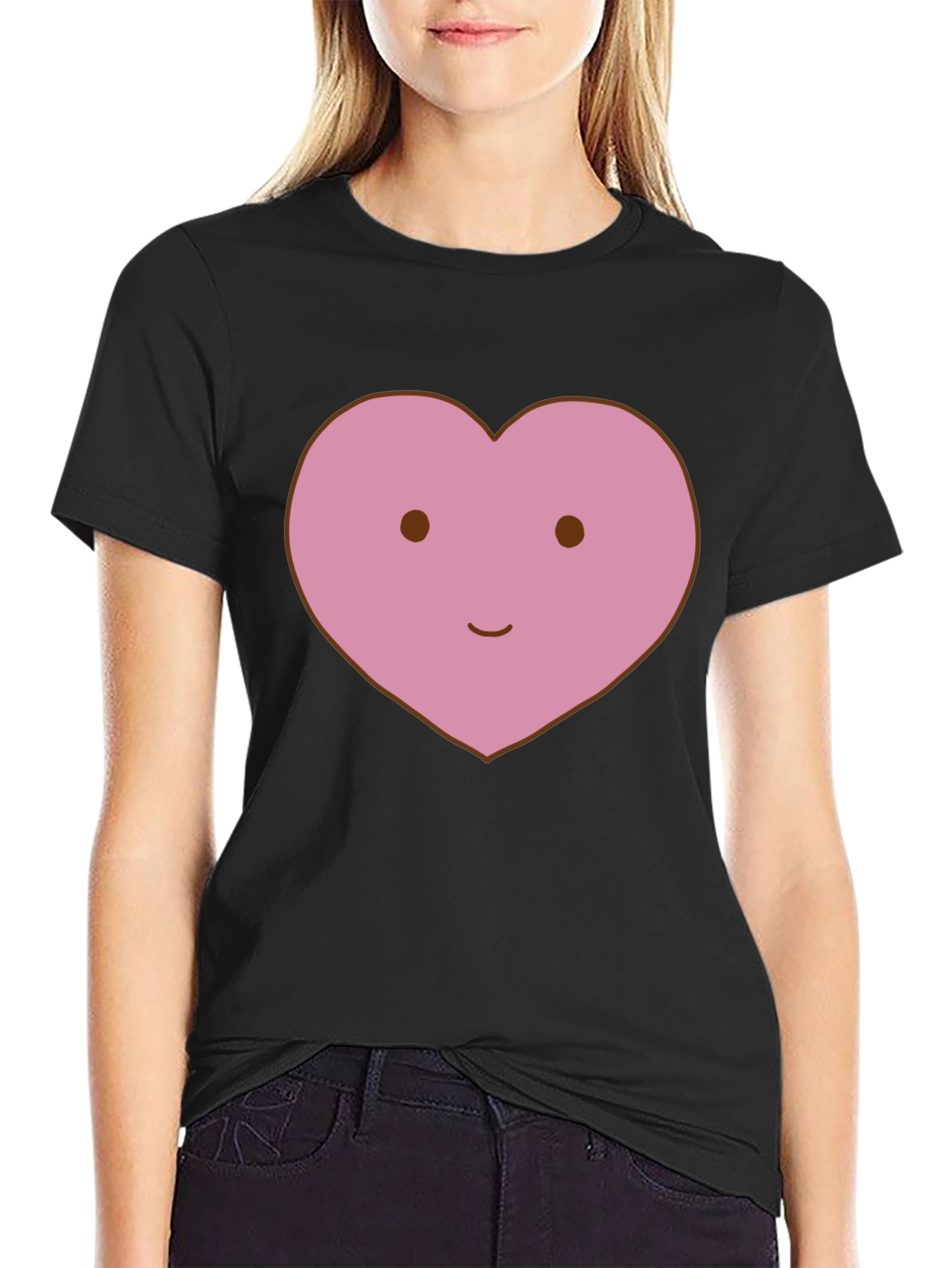 Cute Heart Face Graphic Tee - Black Cotton T-Shirt